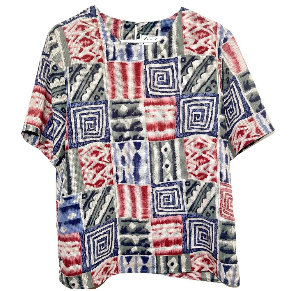 Vintage Kathy Che Abstract Geometric Top Boxy Boho Southwest Artsy Blouse